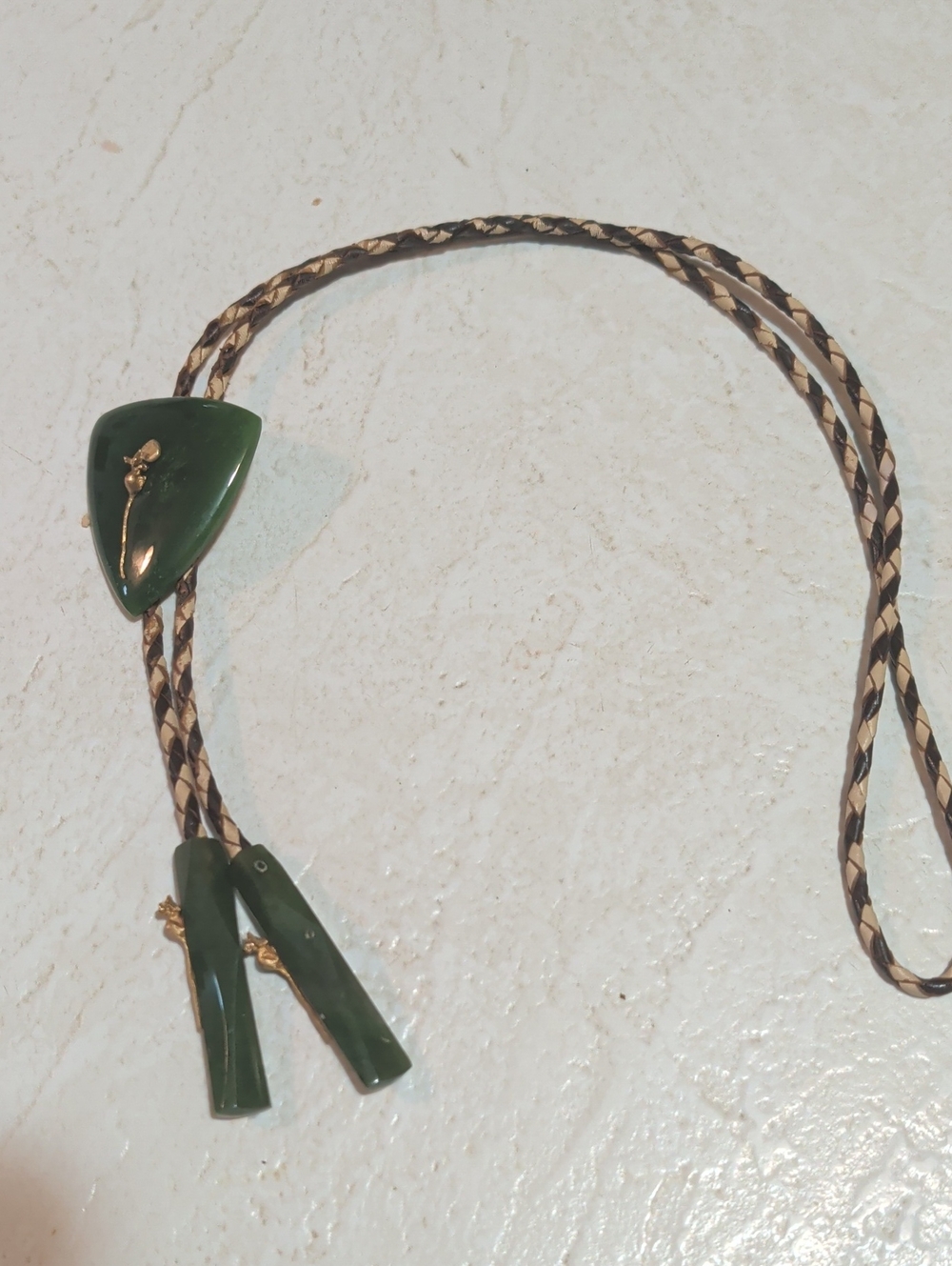 Green Jade Stone Bolo Tie with Braided Cord